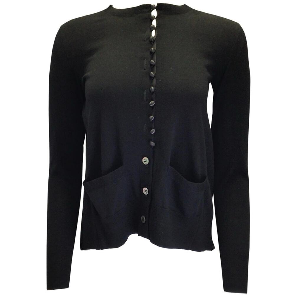 Sacai Satin Panel Back Fine Gauge Knit 100% Wool Cardigan Black S FLAW